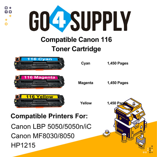 Compatible 3-Color Combo Canon 116 CRG-116 CRG116 Toner Cartridge Used for i-SENSYS LBP-7010C/7016C/7018C; LBP 5050/5050n/iC MF 8080cw; MF8010/8030/8040/8050cn; LBP 7110Cw/7100Cn; iC MF8280Cw/MF6680DN; MF8210/8230/8250Cn; MF628Cw/626Cn; MF623Cn/621Cn