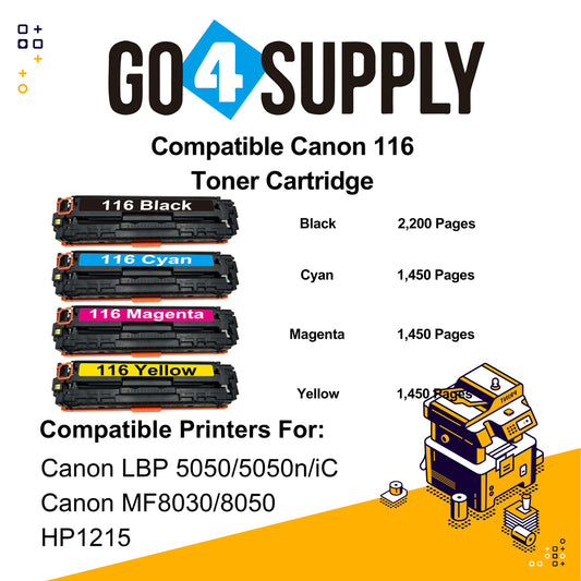Compatible Set Combo Canon 116 CRG-116 CRG116 Toner Cartridge Used for Canon i-SENSYS LBP-7010C/7016C/7018C; LBP 5050/5050n/iC MF 8080cw; MF8010/8030/8040/8050cn; LBP 7110Cw/7100Cn; iC MF8280Cw/MF6680DN; MF8210/8230/8250Cn; MF628Cw/626Cn; MF623Cn/621Cn