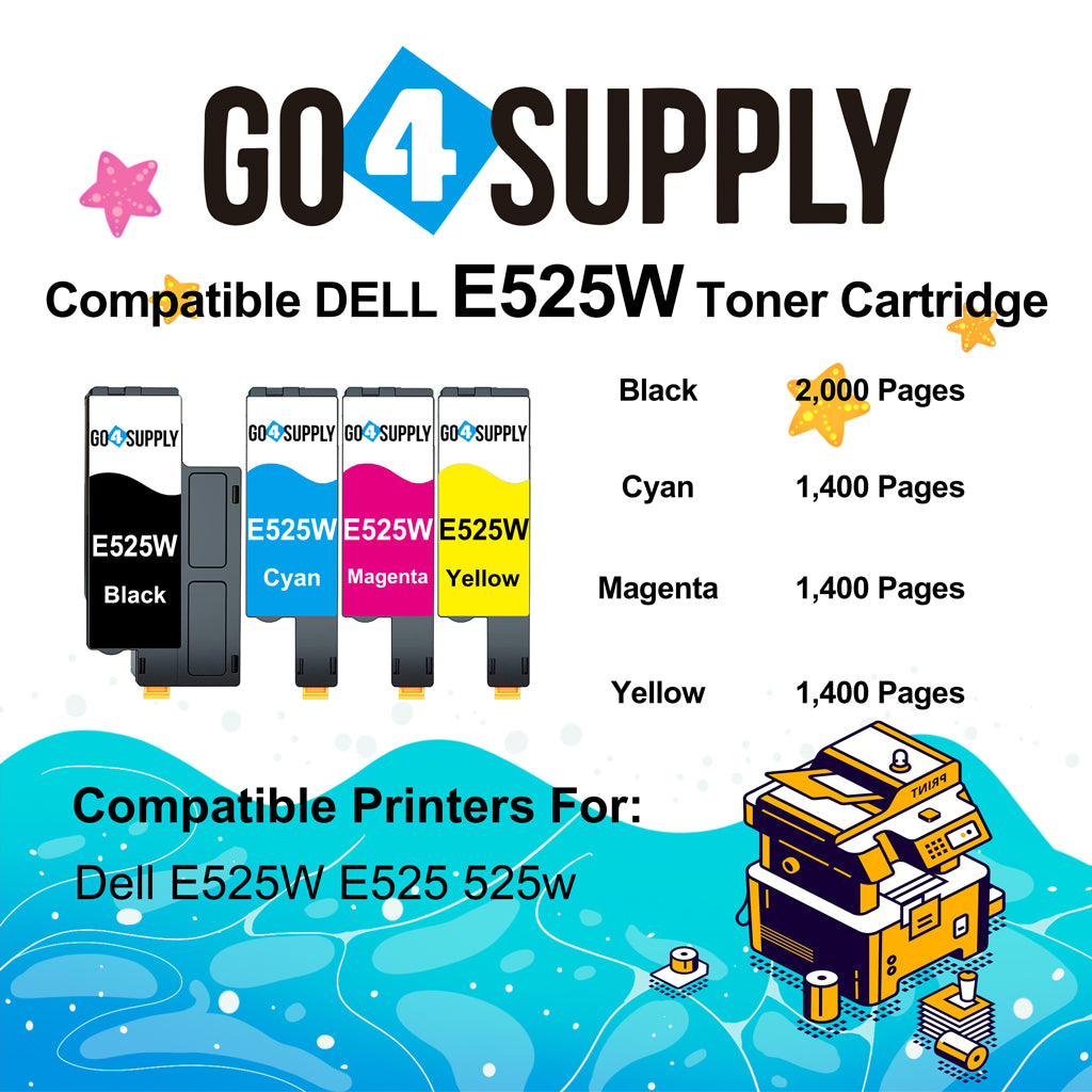 Compatible Combo Set Dell E525W 525 E525 525w to use with Dell E525W Color Laser Printer (Black 593-BBJX, Cyan 593-BBJU, Magenta 593-BBJV, Yellow 593-BBJW, 4-Pack)