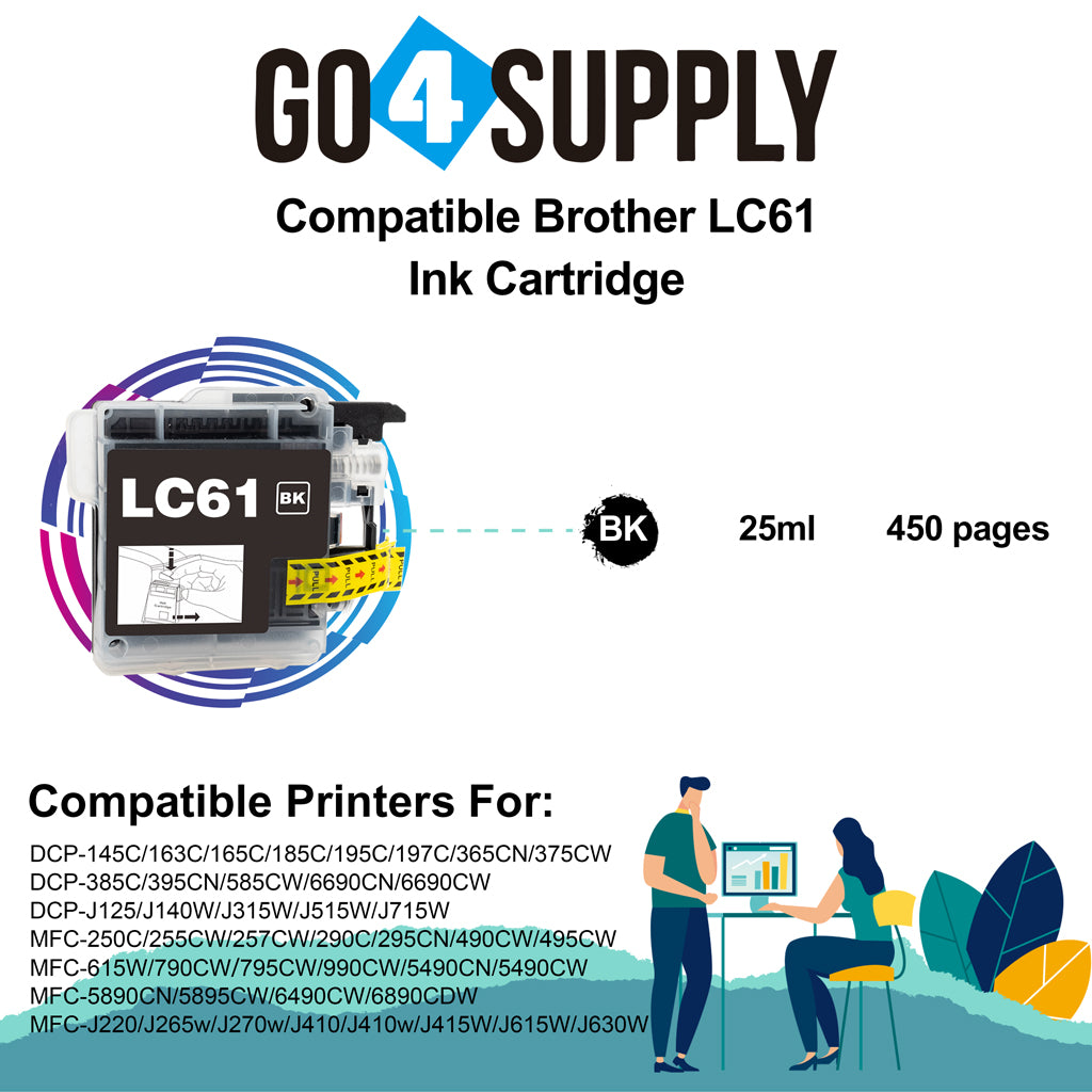 Compatible Black Brother 61xl LC61 LC61XL Ink Cartridge Used for DCP-145C/163C/165C/185C/195C/197C/365CN/375CW/385C/395CN/585CW/6690CN/6690CW; DCP-J125/J140W/J315W/J515W/J715W Printer