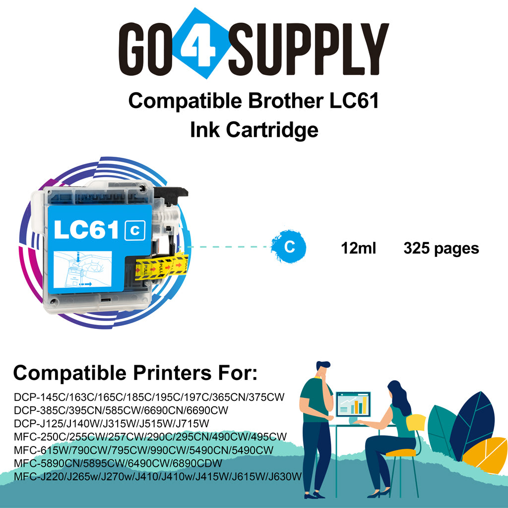 Compatible Cyan Brother 61xl LC61 LC61XL Ink Cartridge Used for DCP-145C/163C/165C/185C/195C/197C/365CN/375CW/385C/395CN/585CW/6690CN/6690CW; DCP-J125/J140W/J315W/J515W/J715W Printer