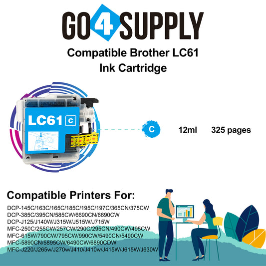 Compatible Cyan Brother 61xl LC61 LC61XL Ink Cartridge Used for MFC-250C/255CW/257CW/290C/295CN/490CW/495CW/615W/790CW/795CW/990CW/5490CN/5490CW/5890CN/5895CW/6490CW/6890CDW,MFC-J220/J265w/J270w/J410/J410w/J415W/J615W/J630W Printer