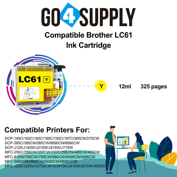 Compatible Yellow Brother 61xl LC61 LC61XL Ink Cartridge Used for DCP-145C/163C/165C/185C/195C/197C/365CN/375CW/385C/395CN/585CW/6690CN/6690CW; DCP-J125/J140W/J315W/J515W/J715W Printer