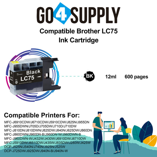 Compatible Black Brother 75xl LC75 LC75XL Ink Cartridge Used for MFC-J6910CDW/J6710CDW/J5910CDW/J825N/J955DN/J955DWN/J705D/J705DW/J710D/J710DW/J810DN/J810DWN/J825DW/J840N/J625DW/J860DN/J860DWN/J960DN-B/J960DN-W/J960DWN-B/J960DWN-W Printer