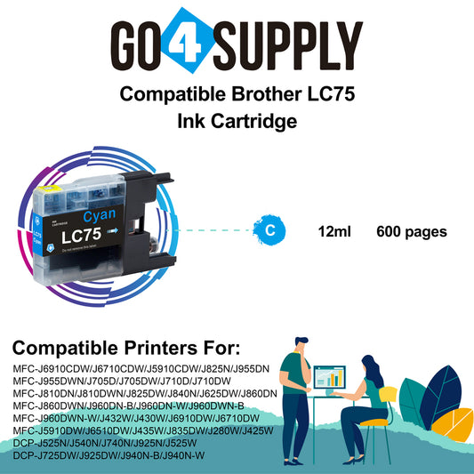 Compatible Cyan Brother 75xl LC75 LC75XL Ink Cartridge Used for MFC-J432W/J430W/J6910DW/J6710DW/J5910DW/J6510DW/J435W/J835DW/J280W/J425W; DCP-J525N/J540N/J740N/J925N/J525W/J725DW/J925DW/J940N-B/J940N-W Printer