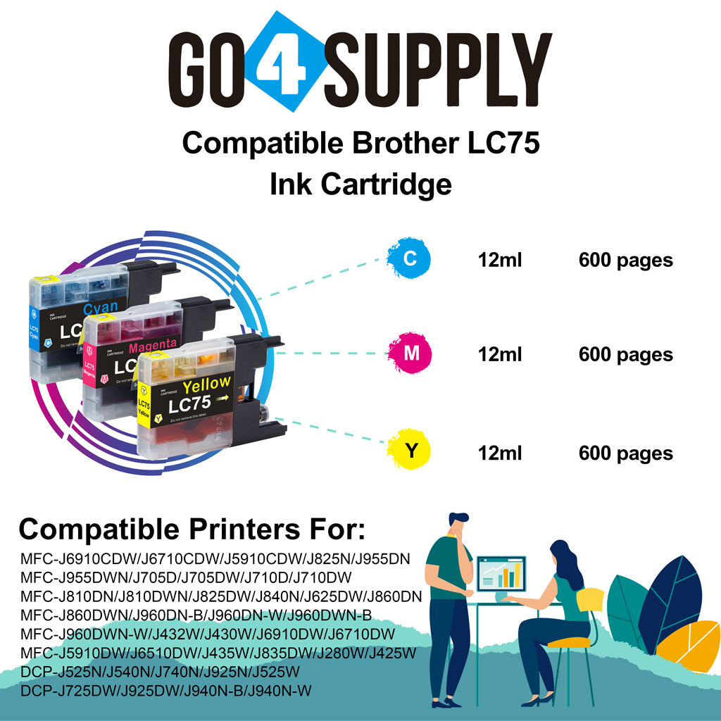 Compatible 3-Color Combo Brother 75xl LC75 LC75XL Ink Cartridge Used for MFC-J432W/J430W/J6910DW/J6710DW/J5910DW/J6510DW/J435W/J835DW/J280W/J425W; DCP-J525N/J540N/J740N/J925N/J525W/J725DW/J925DW/J940N-B/J940N-W Printer