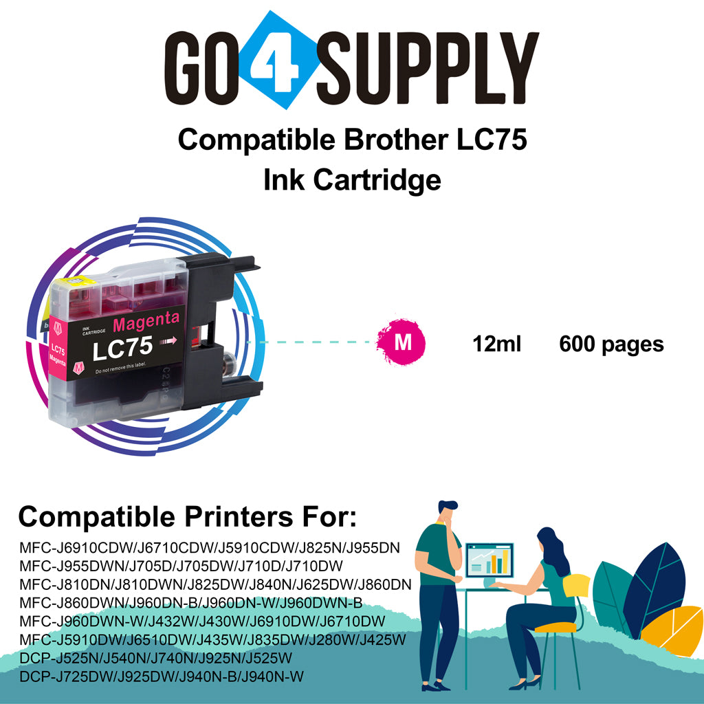 Compatible Magenta Brother 75xl LC75 LC75XL Ink Cartridge Used for MFC-J432W/J430W/J6910DW/J6710DW/J5910DW/J6510DW/J435W/J835DW/J280W/J425W; DCP-J525N/J540N/J740N/J925N/J525W/J725DW/J925DW/J940N-B/J940N-W Printer