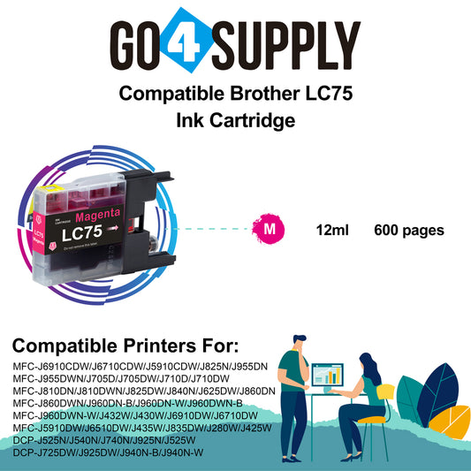 Compatible Magenta Brother 75xl LC75 LC75XL Ink Cartridge Used for MFC-J432W/J430W/J6910DW/J6710DW/J5910DW/J6510DW/J435W/J835DW/J280W/J425W; DCP-J525N/J540N/J740N/J925N/J525W/J725DW/J925DW/J940N-B/J940N-W Printer