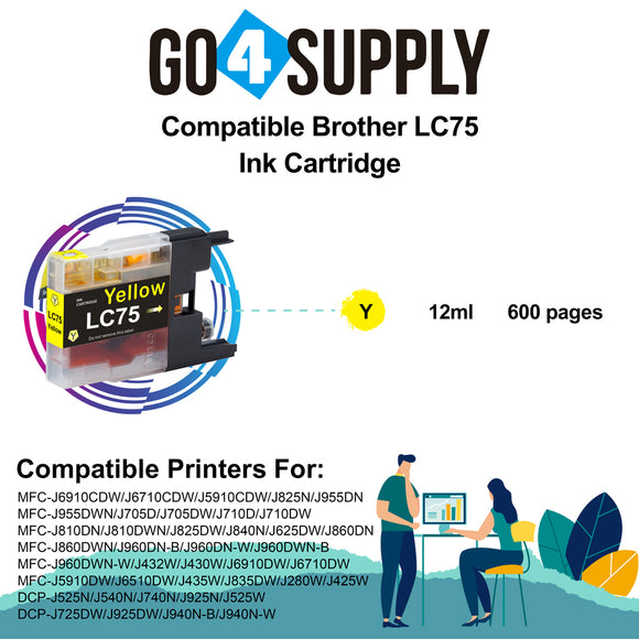 Compatible Yellow Brother 75xl LC75 LC75XL Ink Cartridge Used for MFC-J6910CDW/J6710CDW/J5910CDW/J825N/J955DN/J955DWN/J705D/J705DW/J710D/J710DW/J810DN/J810DWN/J825DW/J840N/J625DW/J860DN/J860DWN/J960DN-B/J960DN-W/J960DWN-B/J960DWN-W Printer