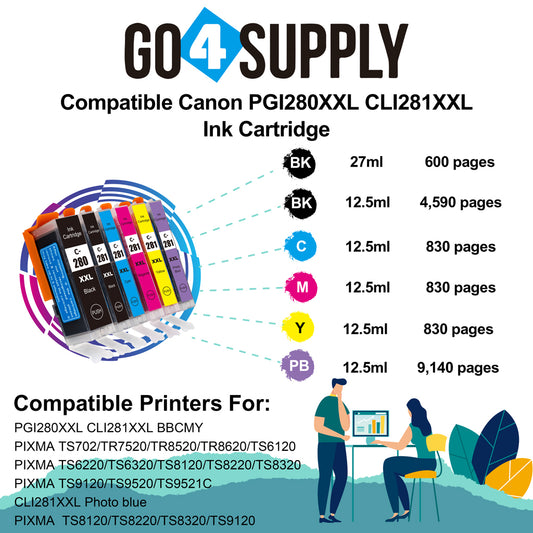 Compatible Included Photo Blue Set Canon PGI280 PGI280XXL PGI-280XXL CLI281 CLI281XXL CLI-281XXL Ink Cartridge PGI280XL PGI-280XL CLI281XL CLI-281XL Used for PIXMA TS8120/TS8220/TS8320/TS9120 Printers