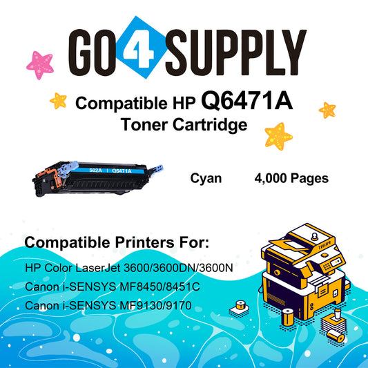 Compatible HP Cyan Q6471A 502A Q6470A Toner Cartridge to use for HP Color Laserjet CP3505 3505n 3505dn 3600 3600n 3600dtn 3800 Printers