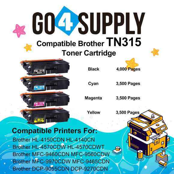 Compatible Combo Set Brother TN-315 TN315 (BCMY) Toner Cartridge Used for Brother HL-4140CN HL-4150CDN HL-4570CDWT HL-4570CDW MFC-9460CDN MFC-9560CDW DCP-9055CDN DCP-9270CDN Printers