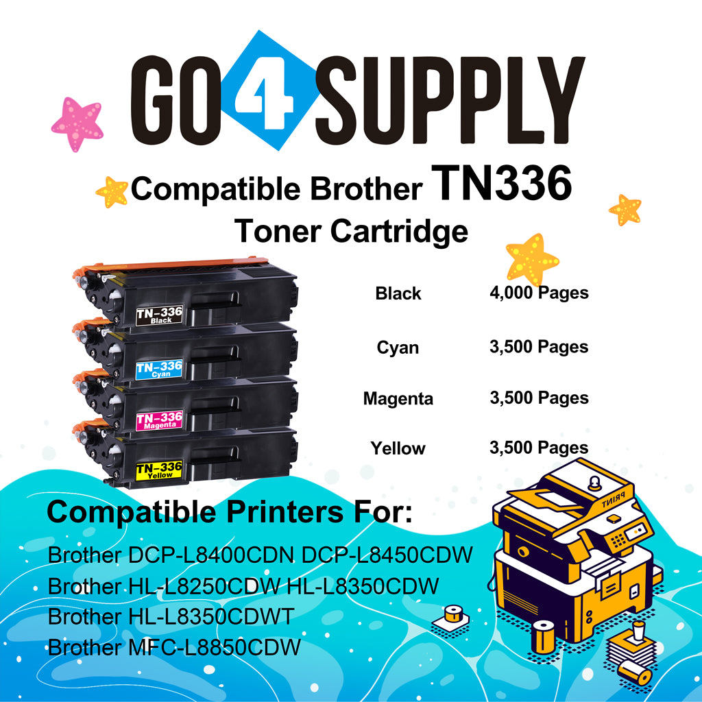 Compatible Brother Set Combo TN336 TN-336 (BCMY) Toner Cartridge Used for HL-L8250CDW HL8350CDW/CDWT
DCP-L8400CDN/L8450CDW; MFC-L8850CDW