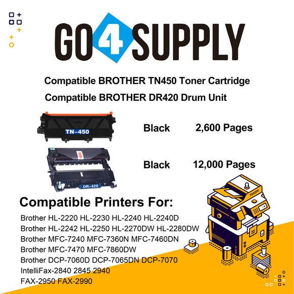 Compatible Kits Combo Brother TN450 TN-450 Toner Unit with DR420 DR-420 Drum Unit Used for Brother DCP7060D DCP7065DN; HL2220/ 2230/ 2240/ 2240D/ 2250/ 2250DN/ 2270DW MFC7360N; MFC7460DN MFC7860DW Printer