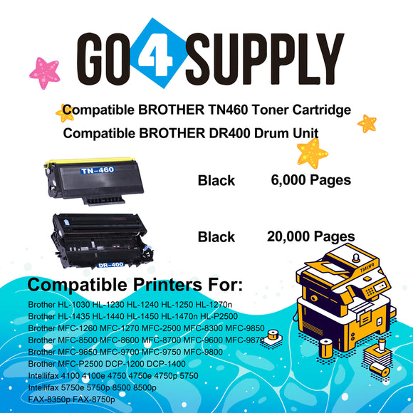 Compatible Combo Set (Drum + Toner) TN460 TN-460 Toner Cartridge with DR400 DR-400 Drum Unit Used for Brother HL1030/1230/1240/1250/1270n/1435/1440/1450; MFC1260/1270/2500/8300/9850 Printer