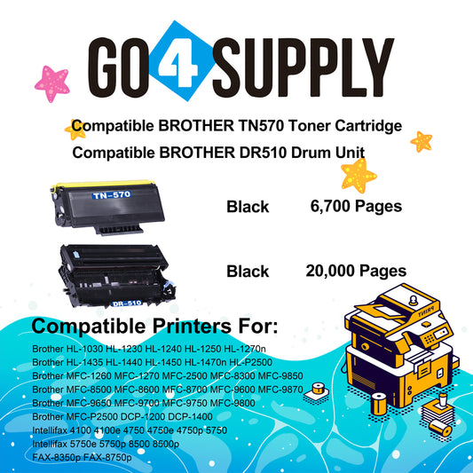 Compatible Combo Set (Drum + Toner) TN570 TN-570 Toner Cartridge with DR510 DR-510 Drum Unit Used for Brother HL1030/1435/1230/1440/1240/1450/1250/1470n; MFC8500/8600/8700; DCP1200/1400 Printer