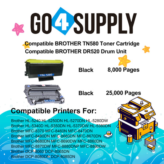 Compatible Combo Set (Drum + Toner) TN580 TN-580 Toner Cartridge with DR520 DR-520 Drum Unit Used for Brother HL5240/5250DN/5250DNT/5340/5350/5380/5270/5280DW; MFC8460N/8860DN/8480DN; DCP8060/MF8870/8670/8065DN Printer