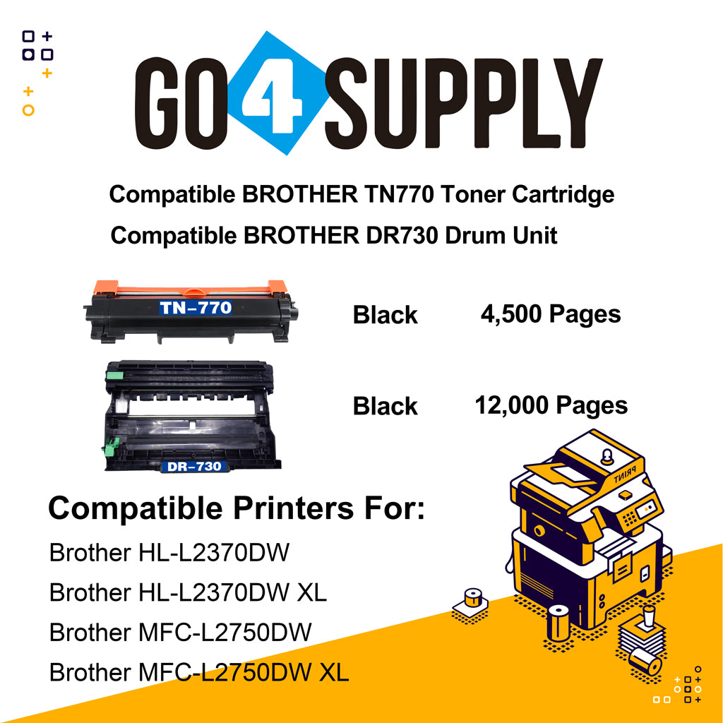 Compatible kits Combo Brother TN770 TN-770 Toner Unit with DR730 DR-730 Drum Unit Used for Brother HL-L2370DW, HL-L2370DW XL, MFC-L2750DW, MFC-L2750DW XL Printer